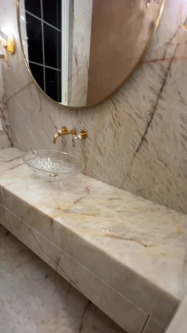 Cristallo vanity with full backsplash by Fine Stone Works