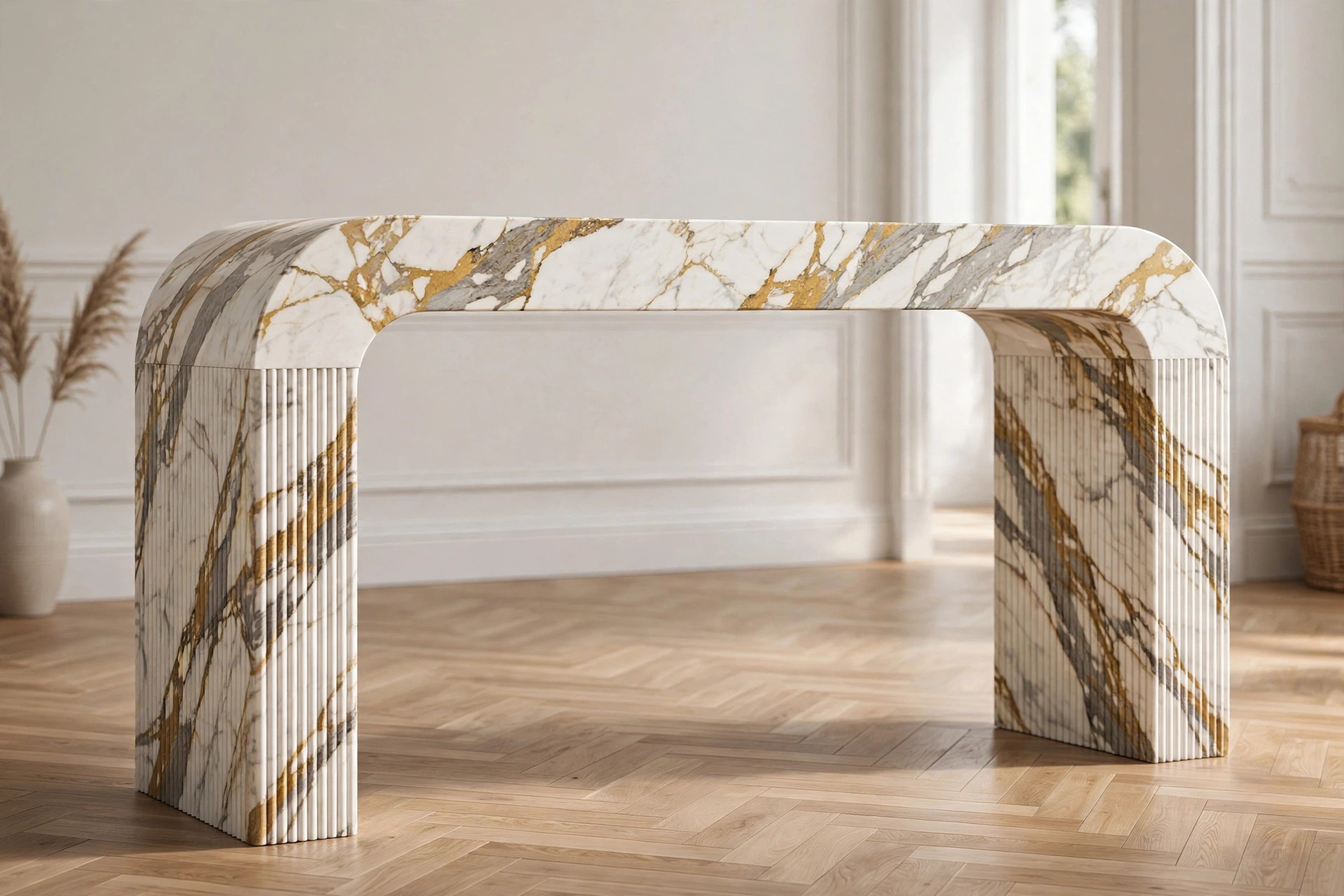Calacatta Gold marble console, waterfall shape with fluted finish