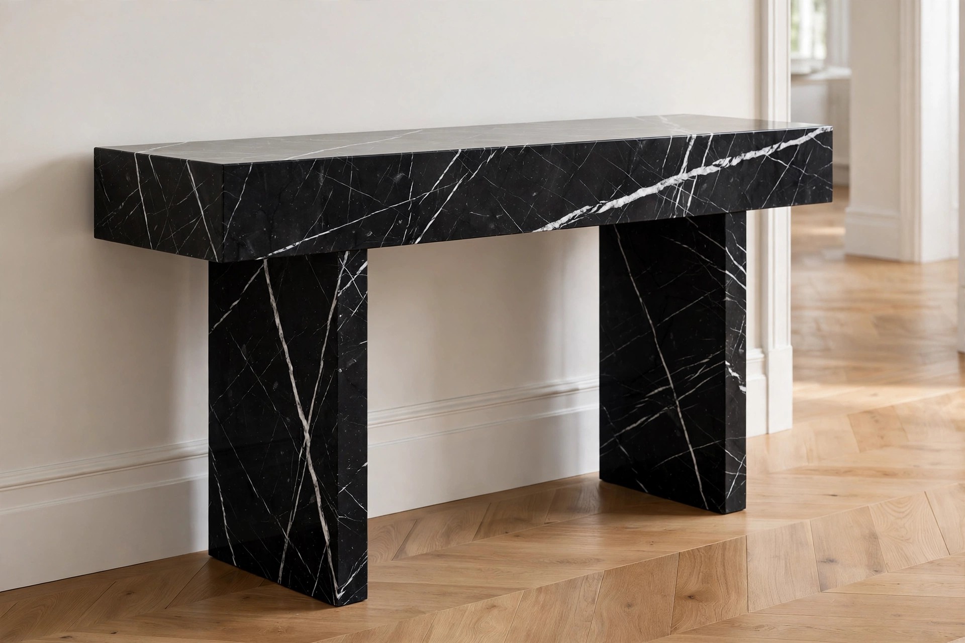 Nero Marquina marble console, slab design